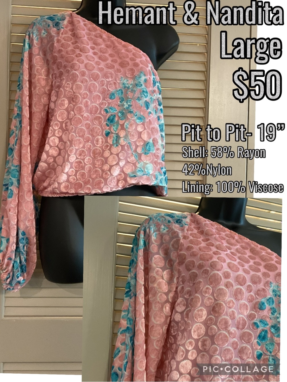 HEMANT & NANDITA Pink One-Shoulder Blouse with Teal Floral Accents